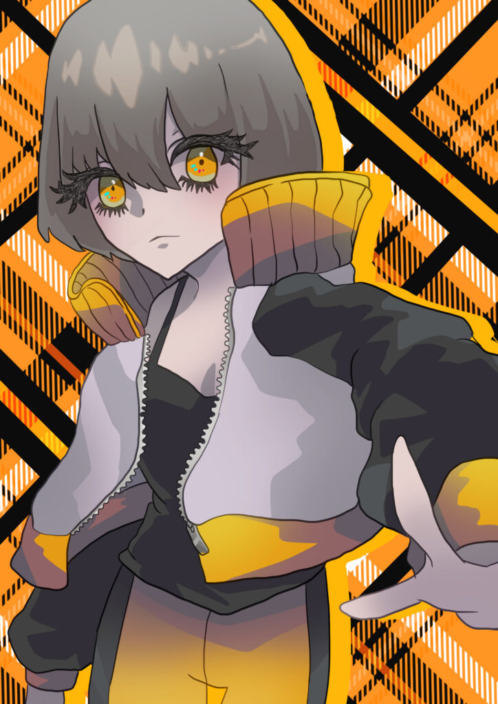 Anime Girl with Orange Eyes & Stylish Jacket - Vibrant Geometric Background Wallpaper