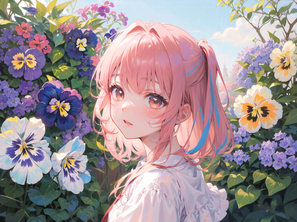 Vibrant 5120x3840 Anime Girl with Pink Hair in Flower Background Wallpaper