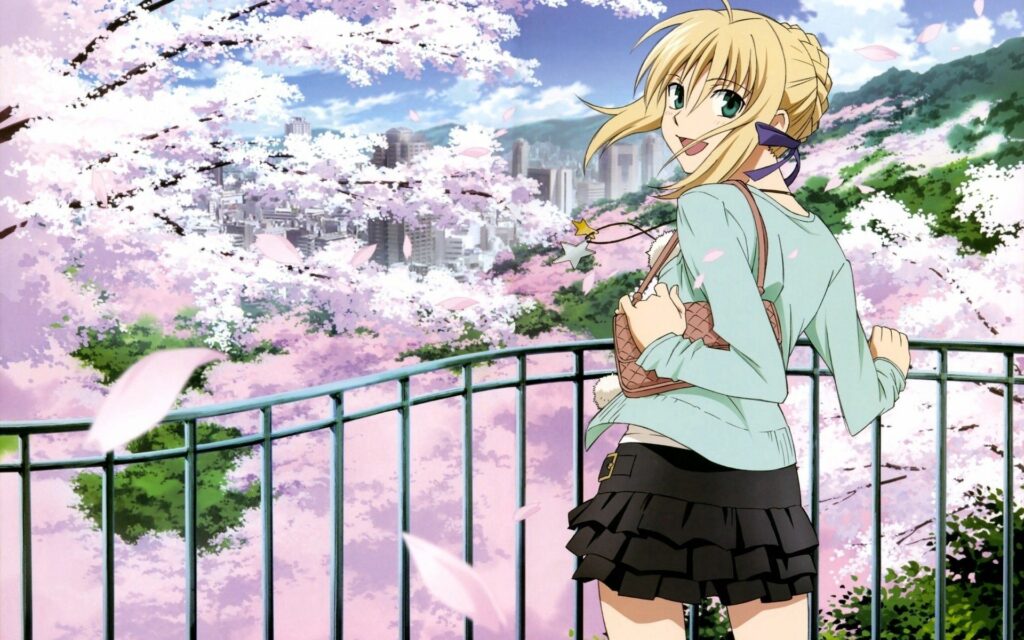 Anime Girl in Spring Garden with Cherry Blossoms - Vibrant Wallpaper