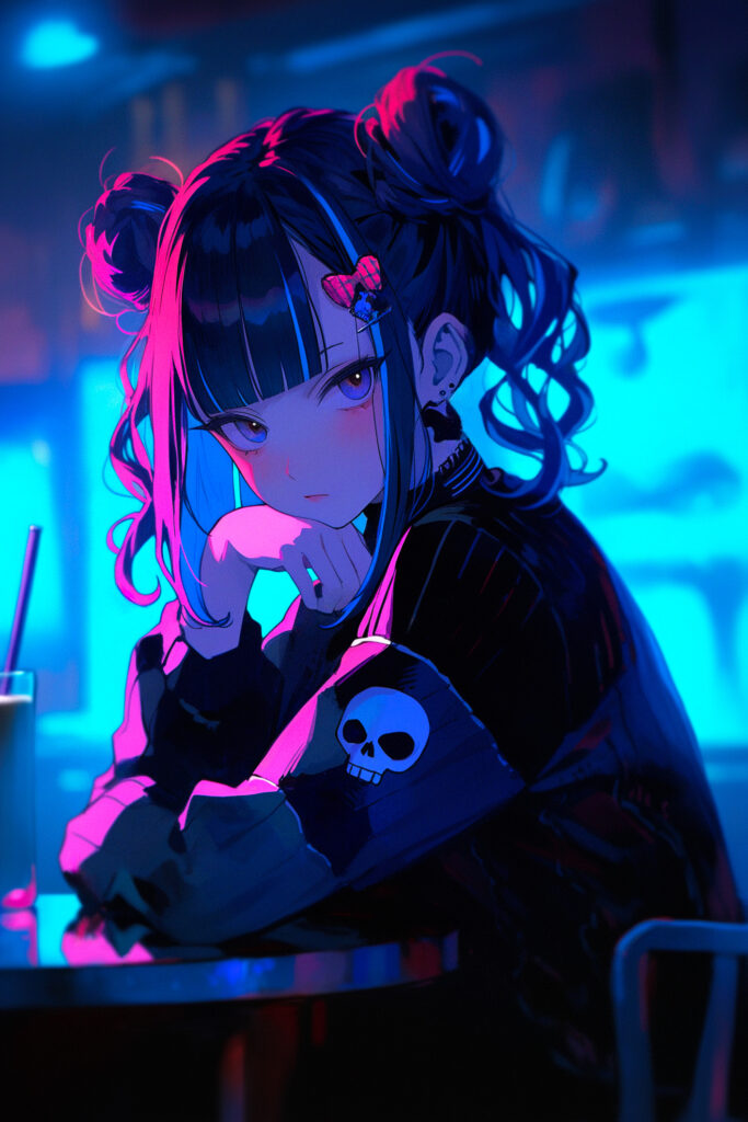 Vibrant Anime Girl Wallpaper with Colorful Lighting & Skull Jacket