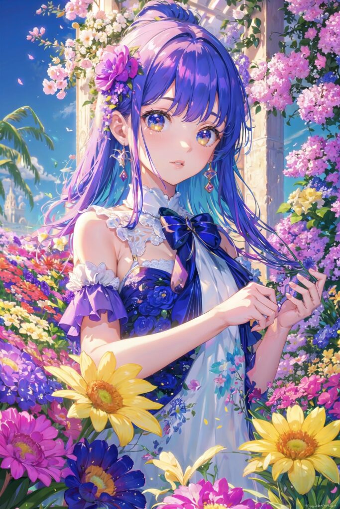 Vibrant Anime Girl in a Colorful Garden - Stunning Digital Wallpaper