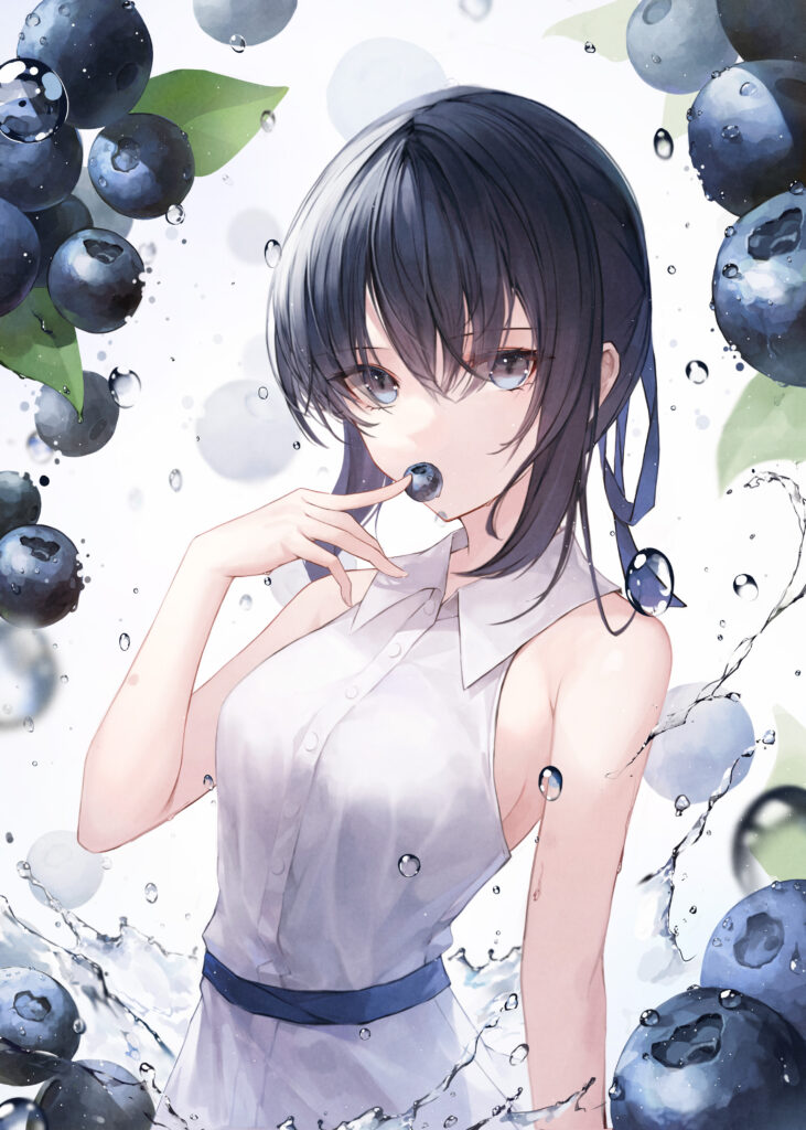 Anime Girl Surrounded by Blueberries - Refreshing Summer Wallpaper
