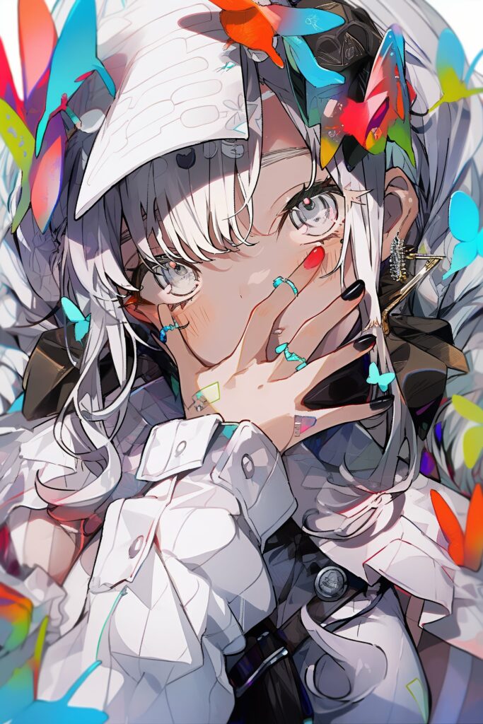 Vibrant Anime Girl with Butterflies and Chic Manicure Wallpaper