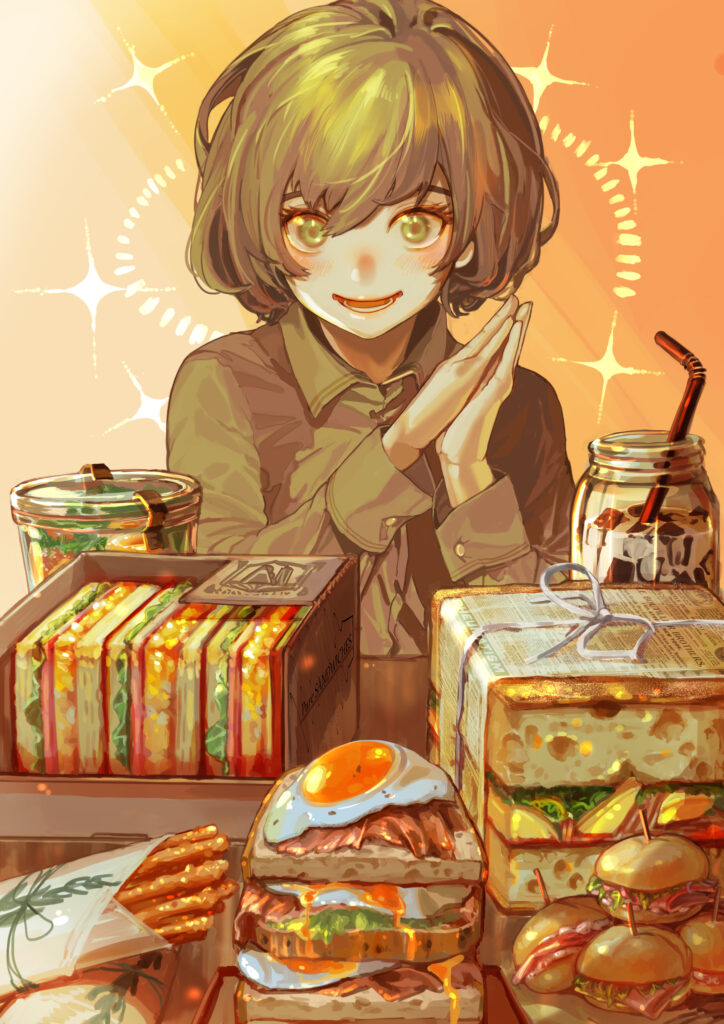 Cheerful Anime Girl Surrounded by Delicious Foods - Colorful Wallpaper
