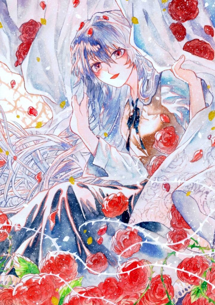 Vibrant Anime Girl Surrounded by Lush Roses - Dreamlike Wallpaper