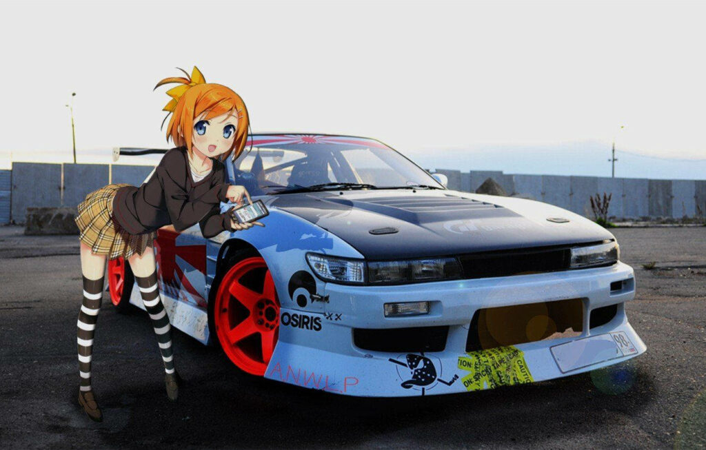 Vibrant Anime Girl & JDM Car Wallpaper: Stunning Red Rims & Decals