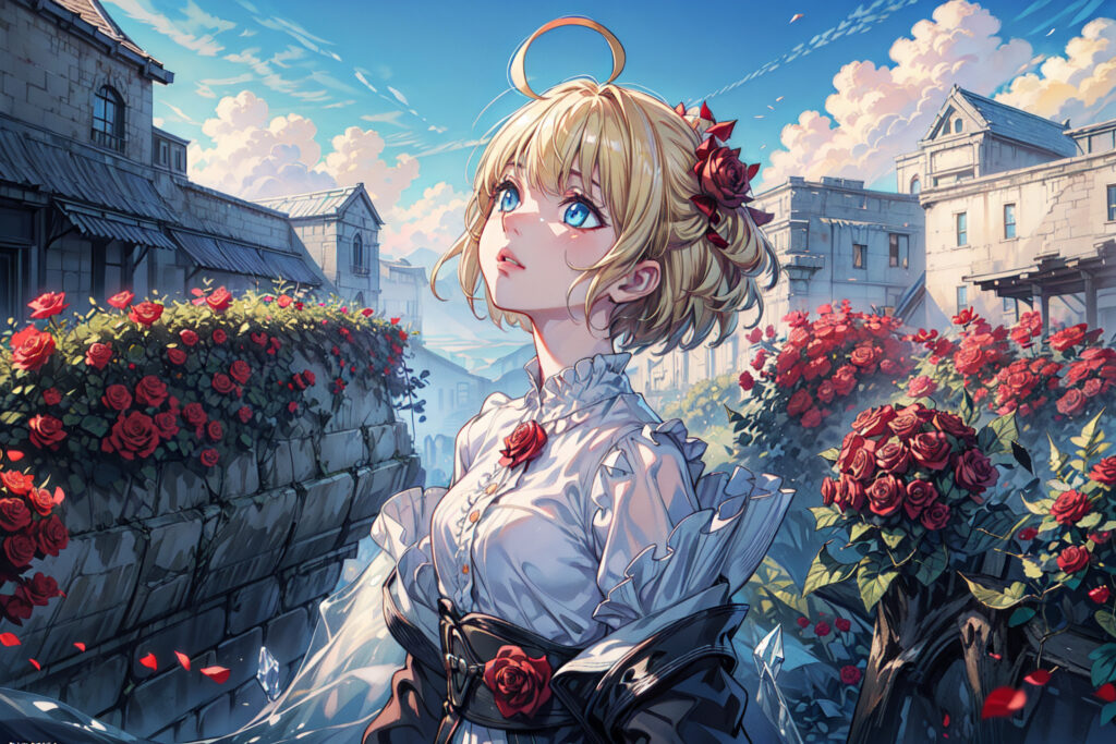 Dreamy Anime Girl Wallpaper with Roses and Rustic Charm
