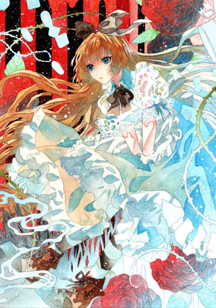 Vibrant Anime Girl Wallpaper with Watercolor Dress & Roses
