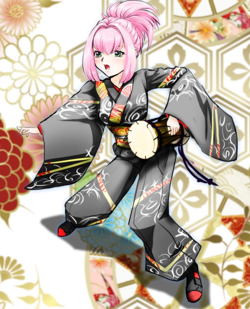 Vibrant Anime Girl in Kimono with Drum: A Stunning Wallpaper