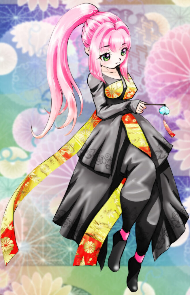 Vibrant Anime Girl in Stylish Kimono: Pastel Japanese Wallpaper