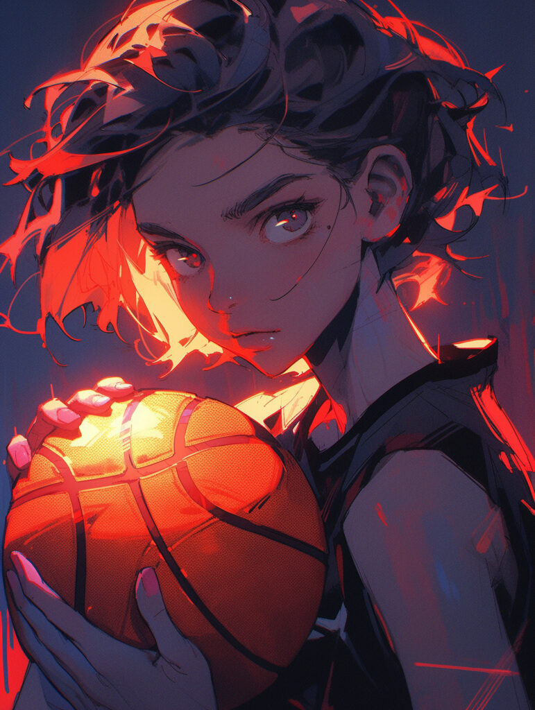 Vibrant Anime Girl with Basketball: Intense Energy and Colorful Background Wallpaper