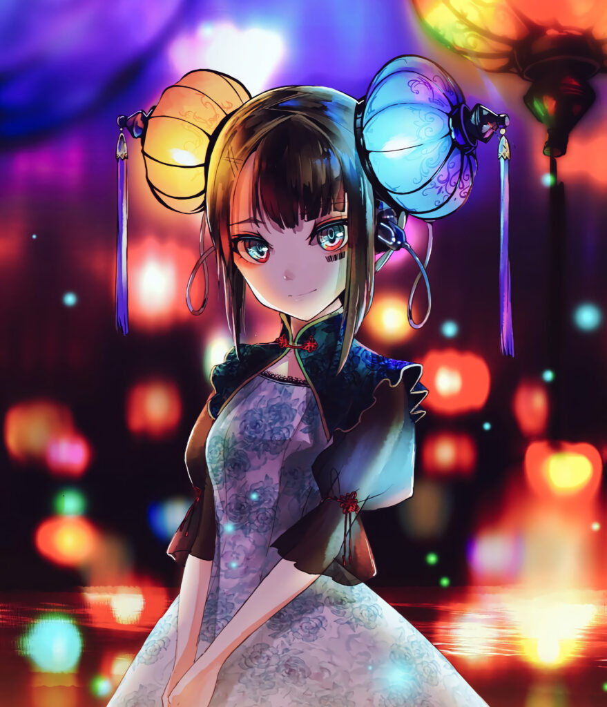 Festive Anime Artwork: Girl with Intricate Hair Buns & Colorful Lanterns Wallpaper