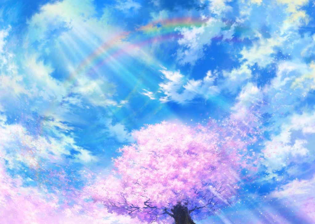 Vibrant anime sakura tree wallpaper with blue sky light rays rainbow and sparkling particles