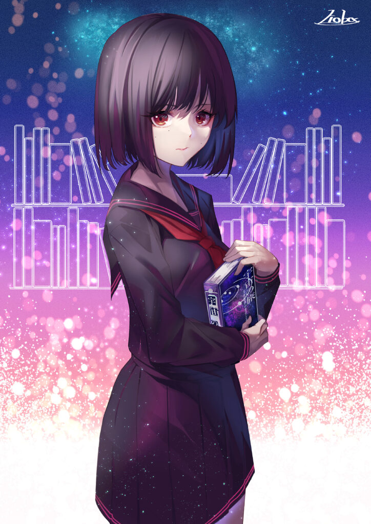 Vibrant Anime Schoolgirl Wallpaper: Galaxy Background & Curiosity