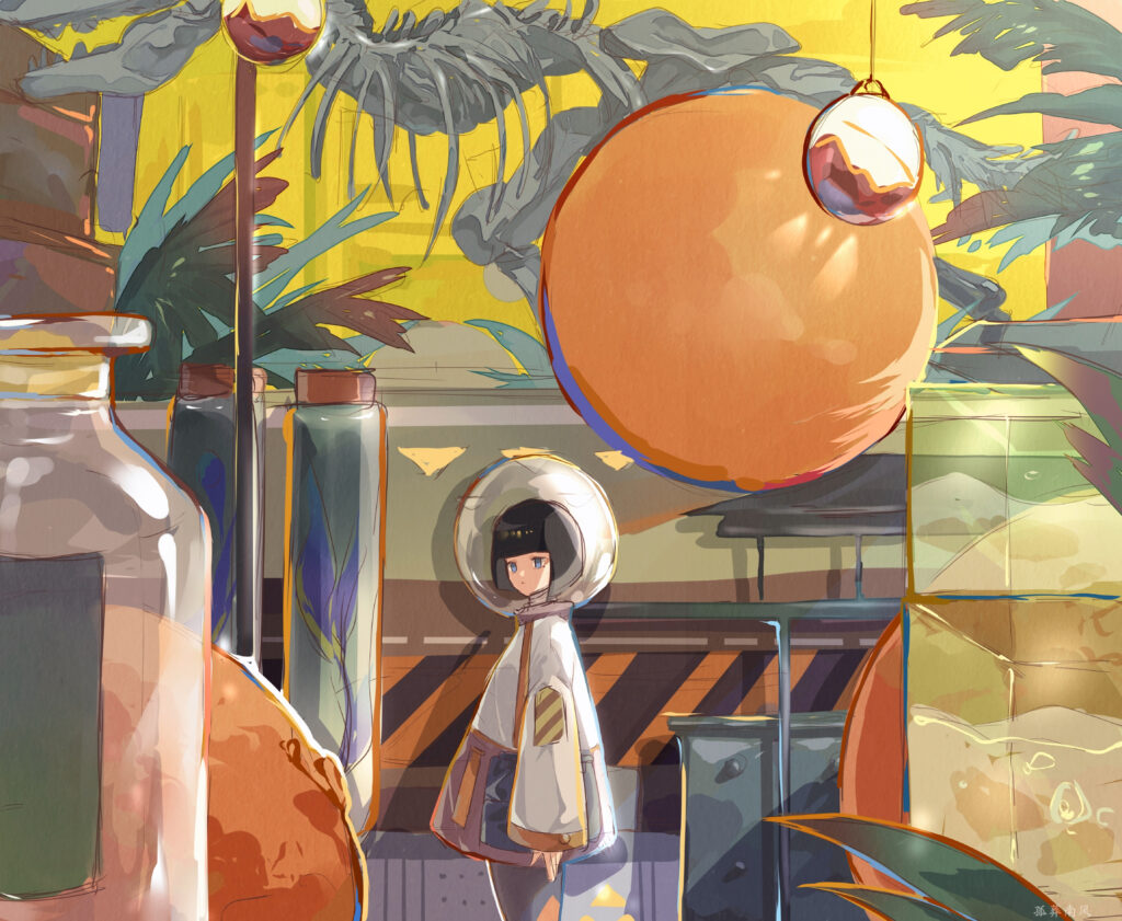 Anime Girl in Spacesuit: Whimsical 4600x3780 Colorful Wallpaper
