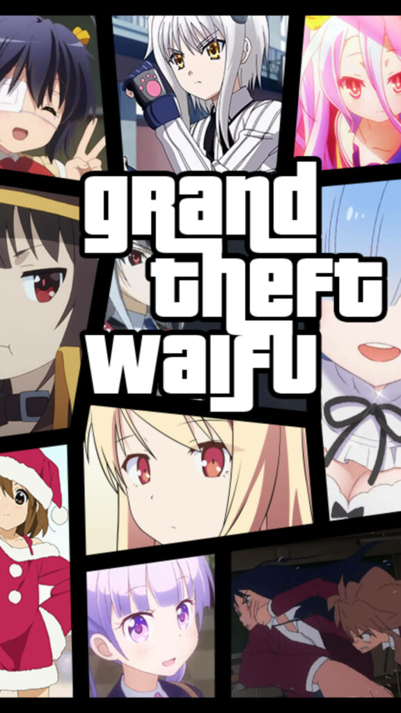 Vibrant Anime Waifu Collage with Grand Theft Waifu Twist Wallpaper
