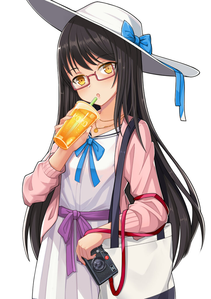 Playful Anime Girl Wallpaper: Stylish Hat, Cocktail & Adventure