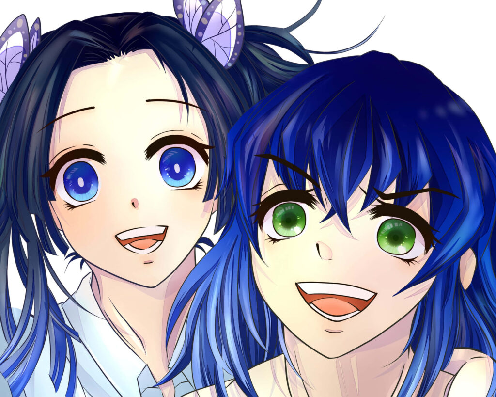 Aoi and Inosuke anime selfie vibrant colorful background cheerful expressions wallpaper PFP