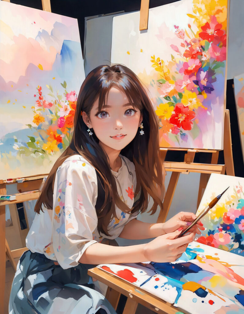 Vibrant Anime Wallpaper: Girl Painting Amid Colorful Art Easels