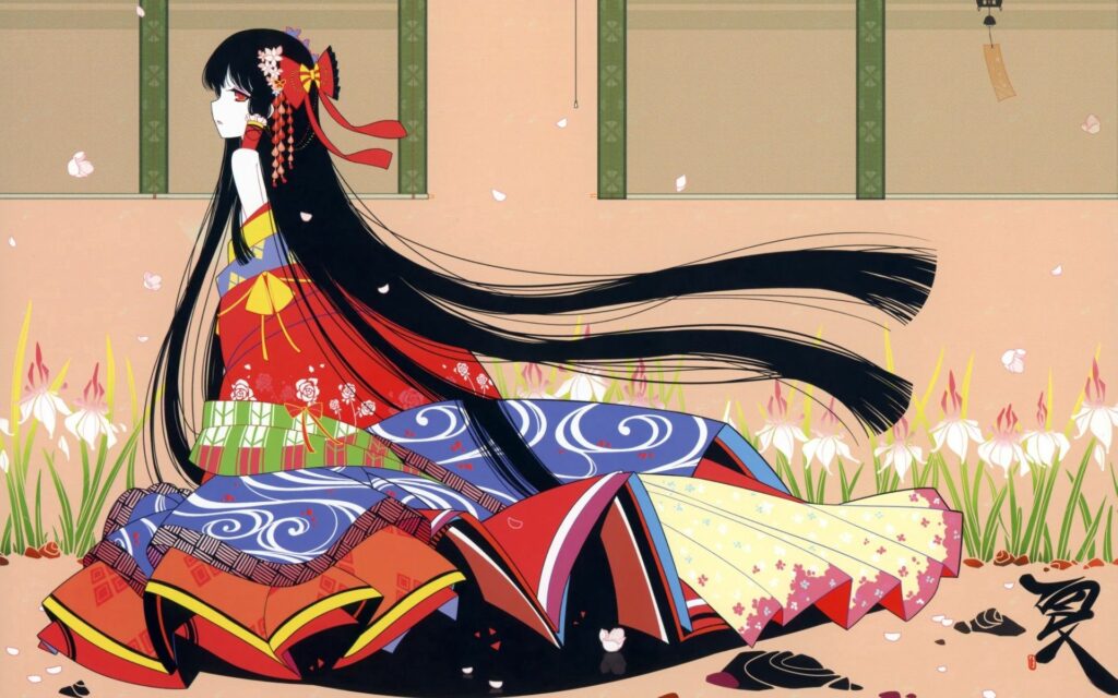 Anime Brunette Girl Against Colorful Japanese Wallpaper Background