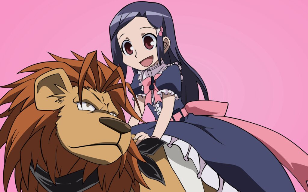 Cheerful Girl in Frilly Dress with Lion | Vibrant Pink Anime Wallpaper