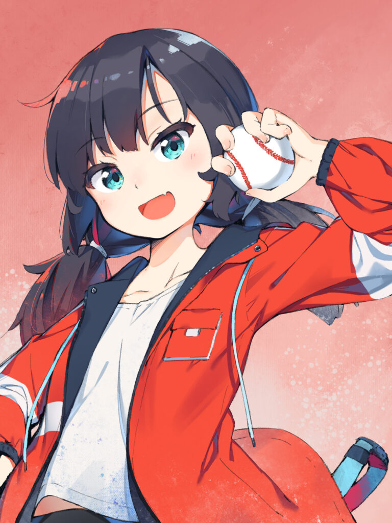 Cheerful Anime Girl with Baseball: Vibrant Pink Wallpaper