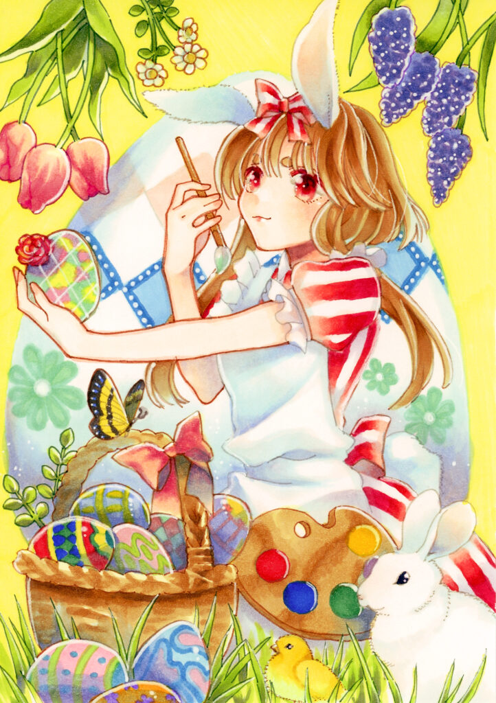 Cheerful Anime Girl with Flowers & Easter Eggs - Vibrant Wallpaper