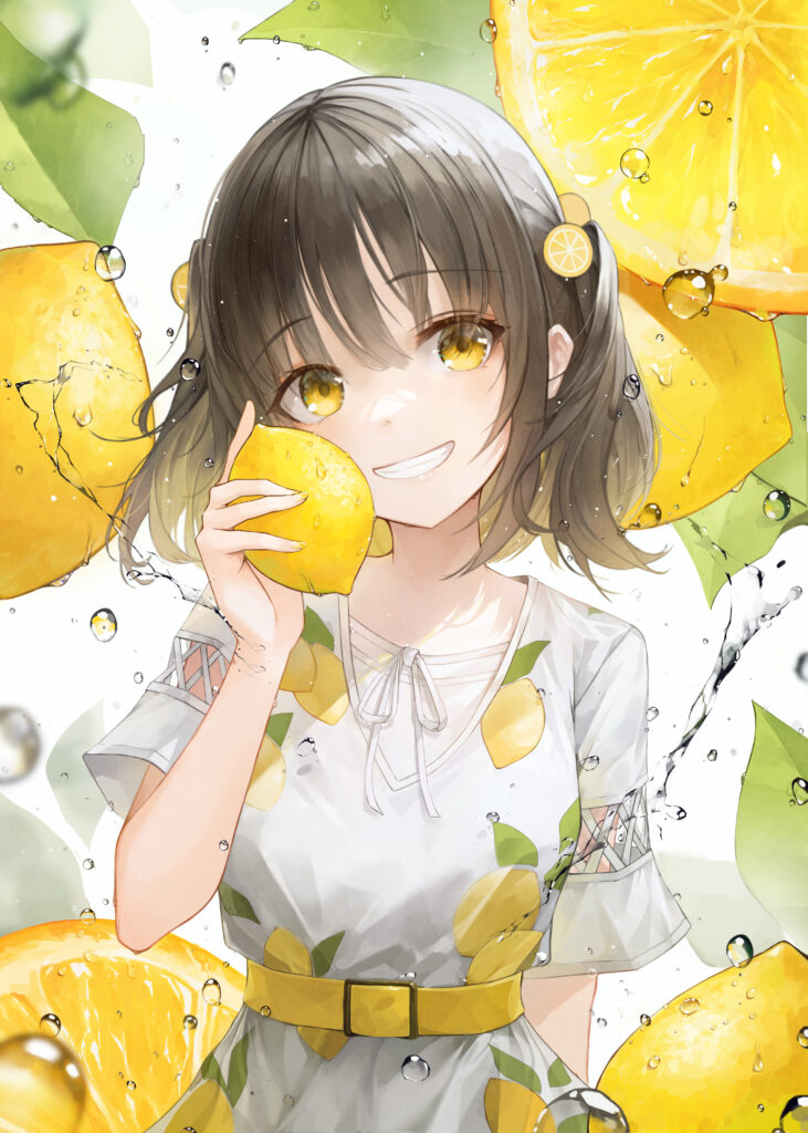 Cheerful Anime Girl Surrounded by Lemons - Vibrant Yellow Wallpaper
