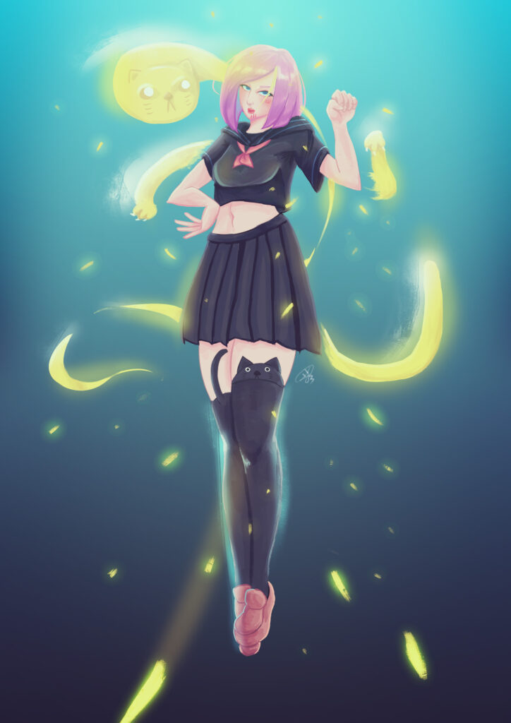 Vibrant Anime Wallpaper: Girl & Playful Ghost Cat in Magical Scene