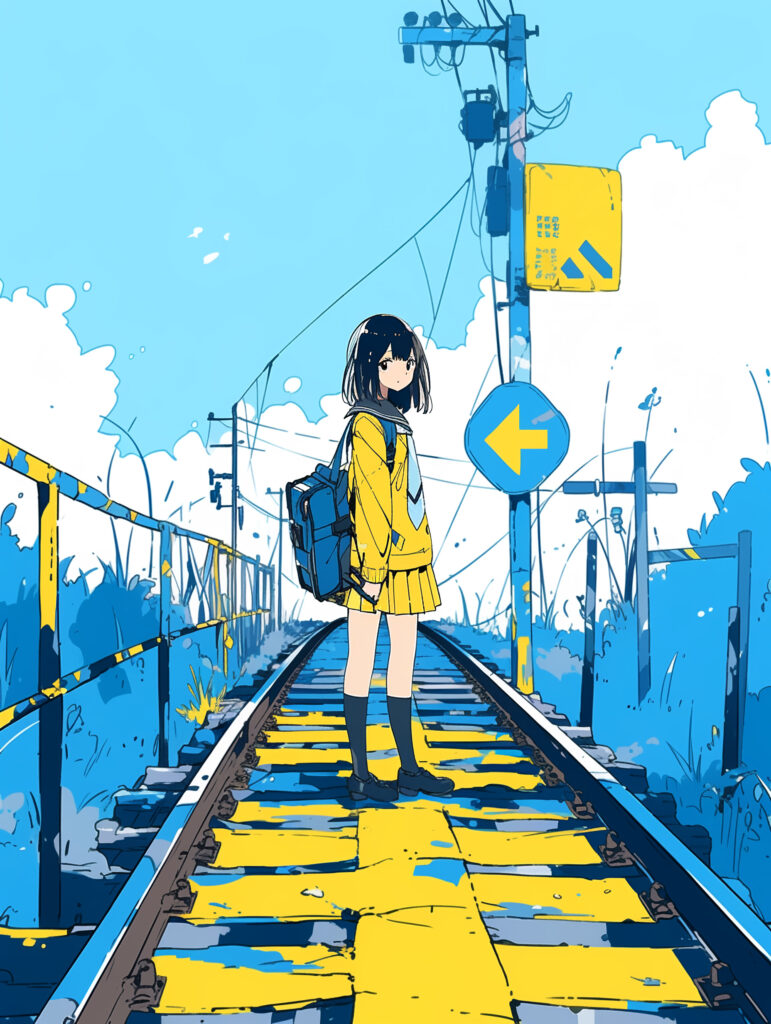 Contemplative Girl on Railroad Track - Vibrant Anime Wallpaper