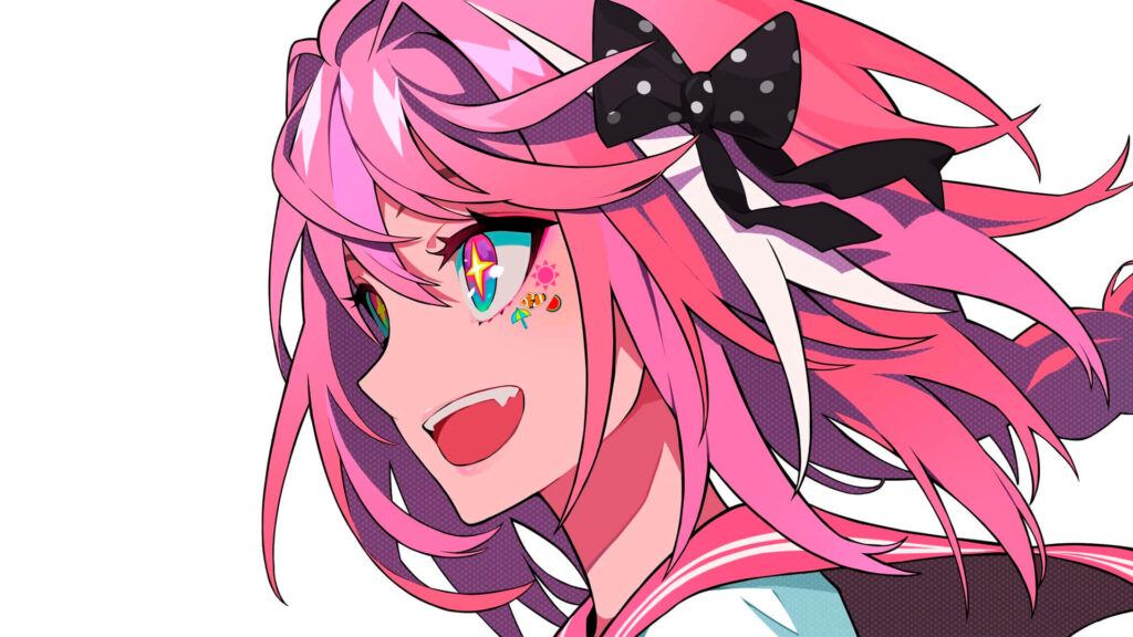 Vibrant Anime Character Wallpaper: Pink Hair & Playful Bow Design