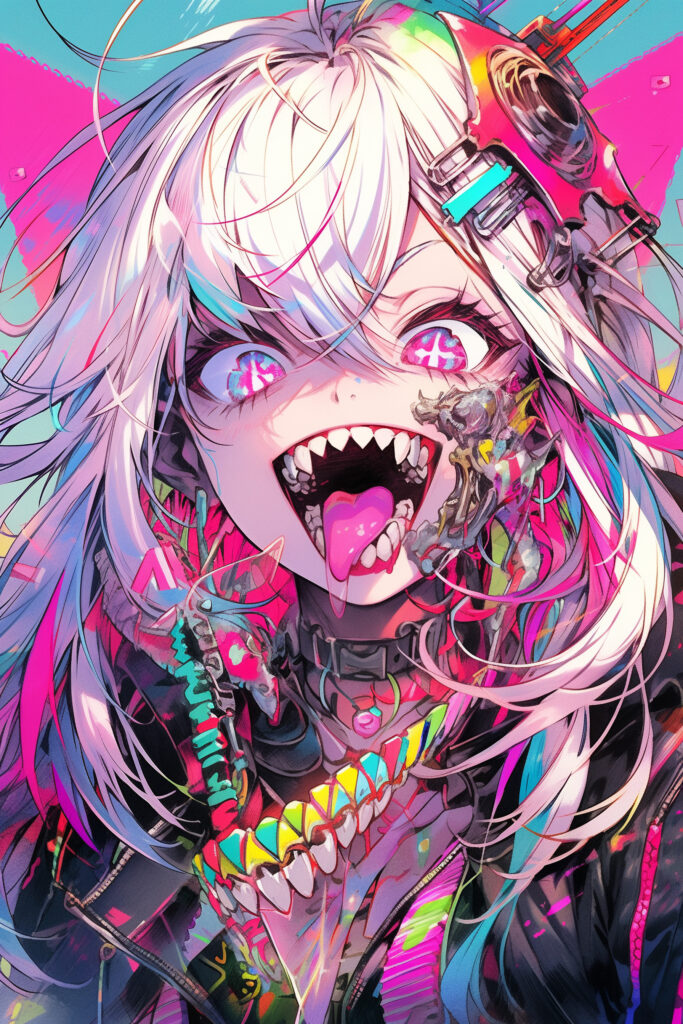 Vibrant Anime Wallpaper: Playful Character with Striking Fangs