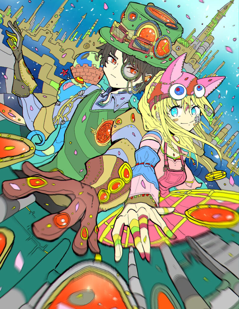 Vibrant Fantasy Couple Wallpaper: Anime Art with Cat Ears & Mechanics