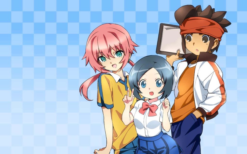Vibrant anime wallpaper with three colorful characters on light blue checkered background desktop