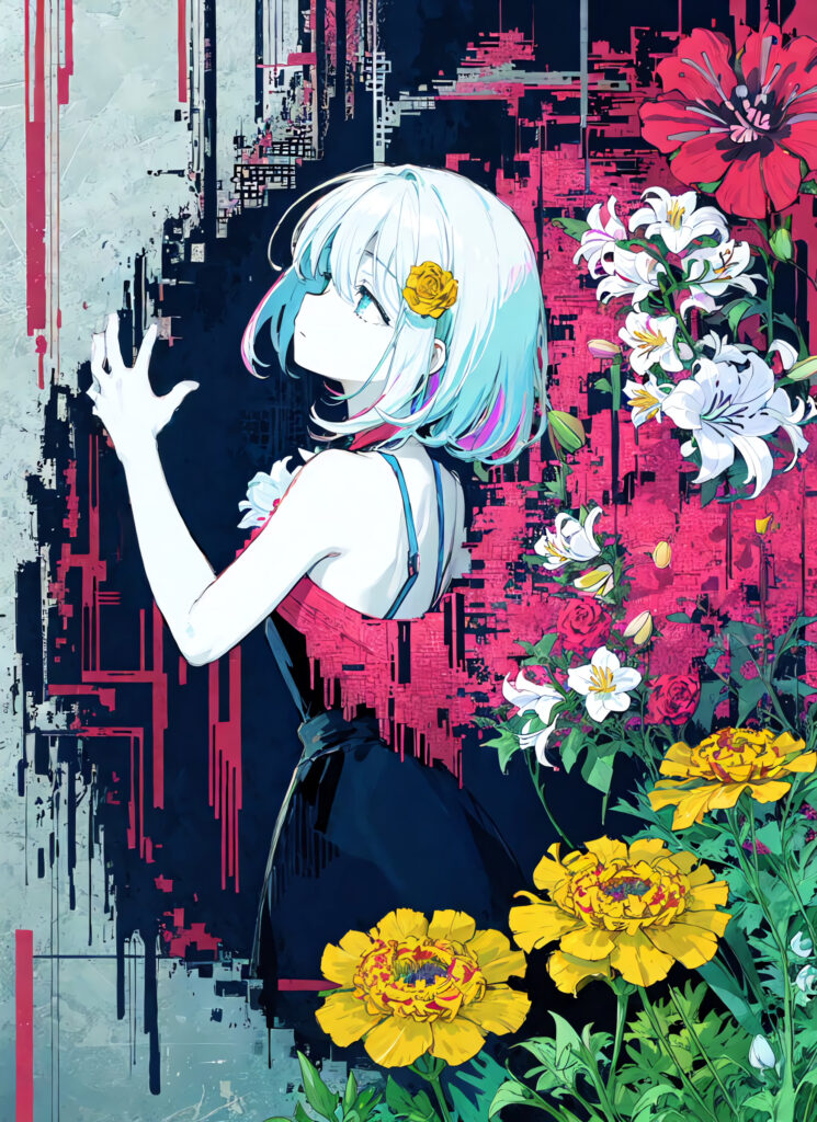 Vibrant Anime Girl Among Colorful Flowers & Abstract Background Wallpaper