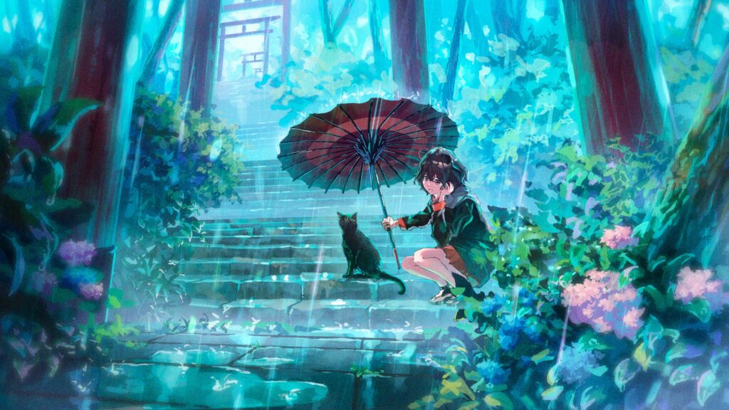 Anime Girl with Umbrella & Cat in Serene Rainy Forest - 4K Wallpaper
