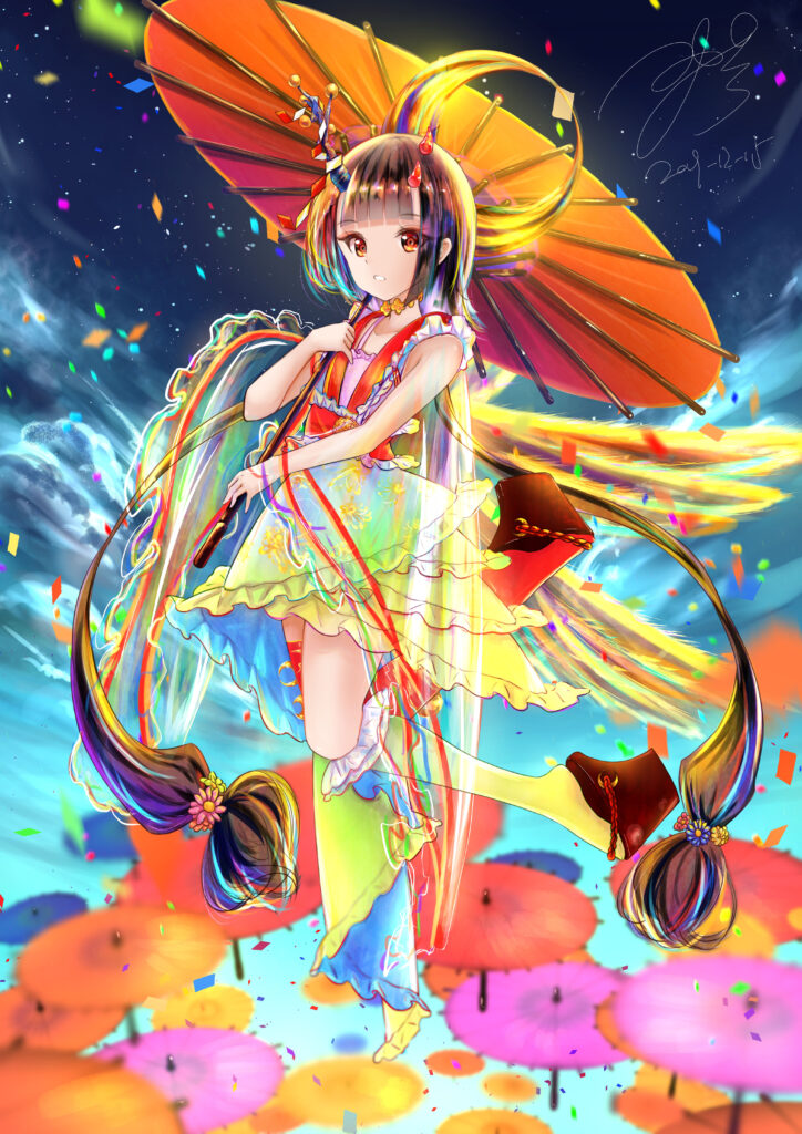 Vibrant Anime Girl Jumping with Colorful Umbrella - Festive Background Wallpaper