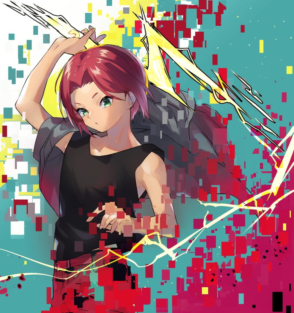 Vibrant Anime Girl Wallpaper with Lightning & Colorful Pixels