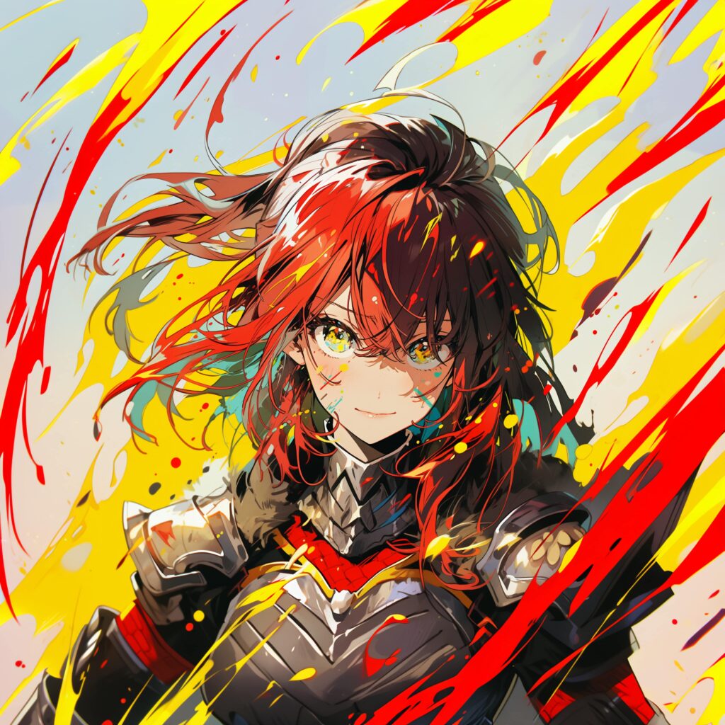 Vibrant Anime Warrior Wallpaper: Fierce Girl in Detailed Armor
