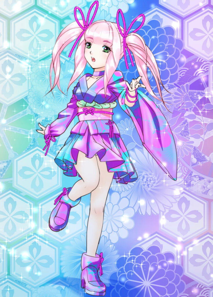 Whimsical Anime Wallpaper: Girl in Colorful Kimono & Floral Background