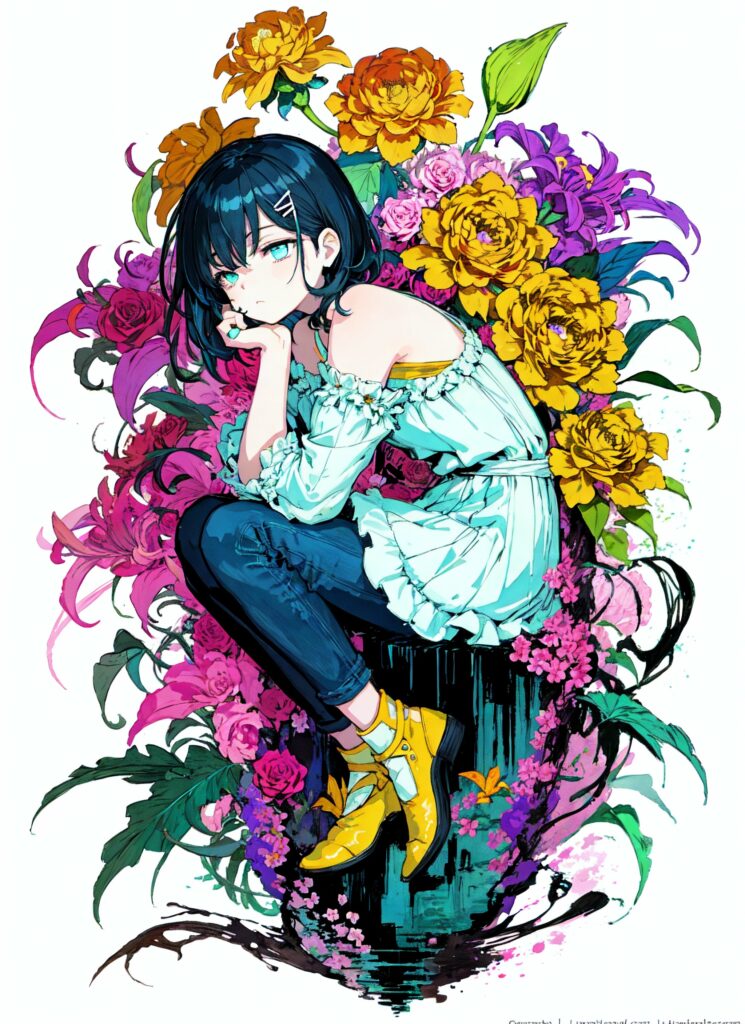 Vibrant Anime Girl Amidst Colorful Flowers - Emotional Wallpaper
