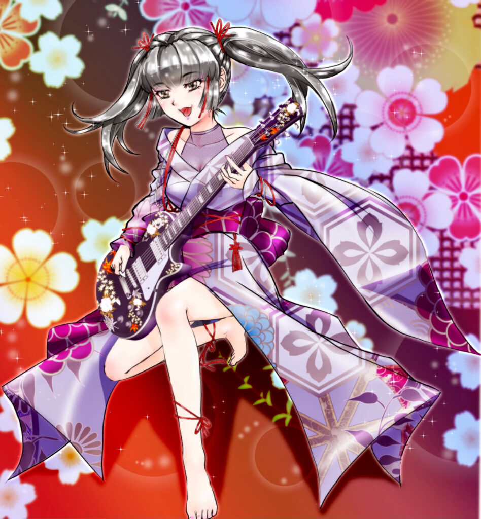 Vibrant Anime Wallpaper: Girl in Kimono with Electric Guitar