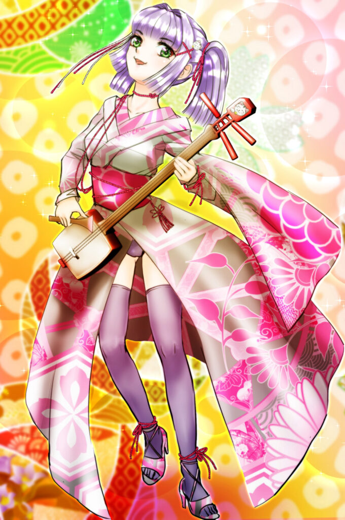 Vibrant Anime Wallpaper: Girl in Kimono with Shamisen & Colorful Background