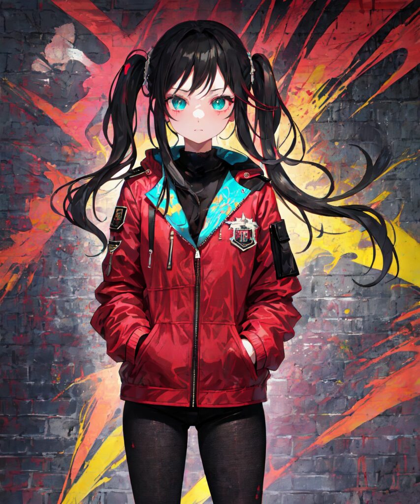 Vibrant Anime Wallpaper: Girl in Red Jacket Against Graffiti Wall