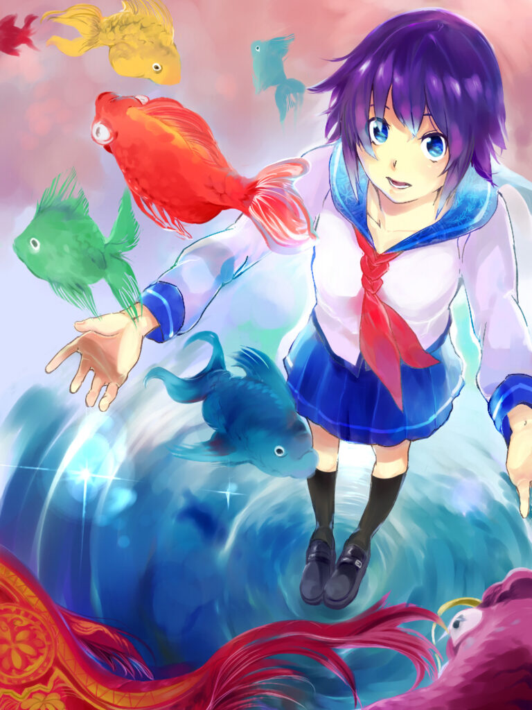 Whimsical Anime Wallpaper: Girl in Sailor Uniform with Colorful Fish