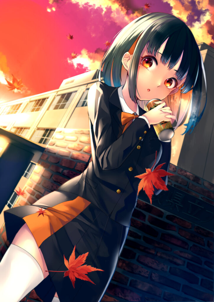 Vibrant Anime Girl in School Uniform at Sunset with Falling Leaves Wallpaper