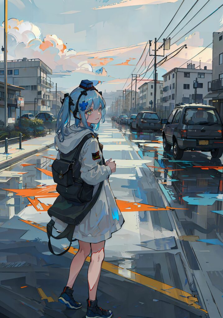 Vibrant Anime Wallpaper: Girl on Wet Urban Road with Backpack