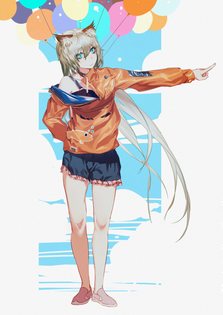 Anime Girl with Cat Ears in Orange Jacket - Colorful Balloon Wallpaper