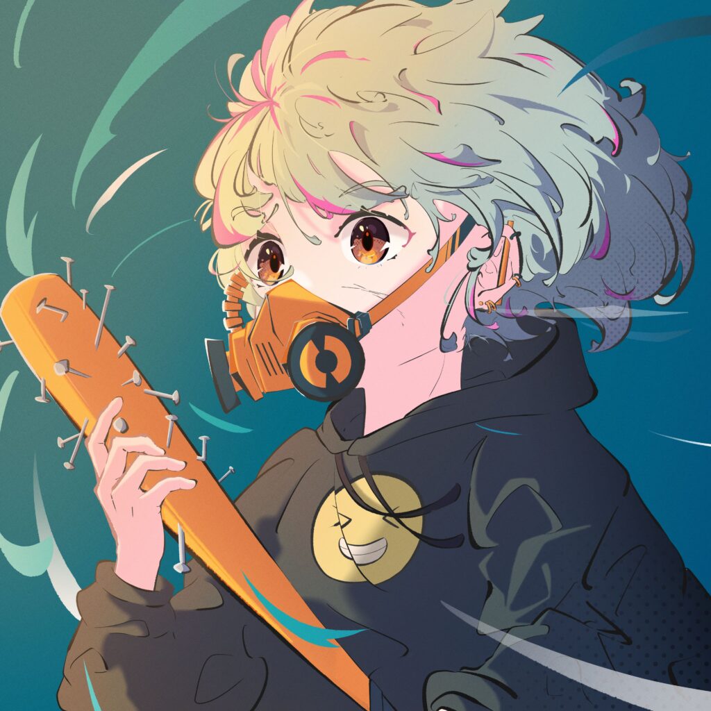 Vibrant Anime Wallpaper: Girl with Mask & Bat in Dynamic Background