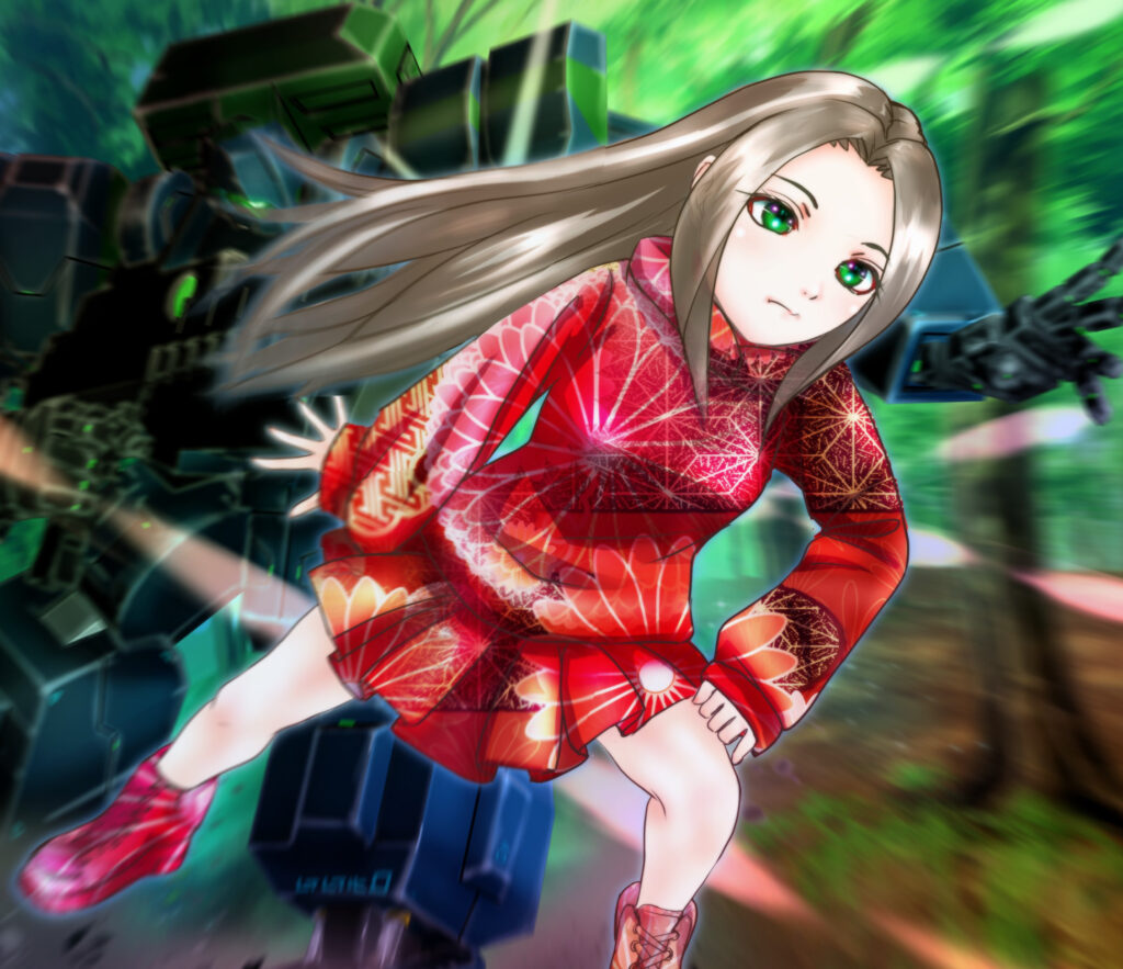 Vibrant Anime Girl in Red Outfit with Futuristic Robot Background Wallpaper